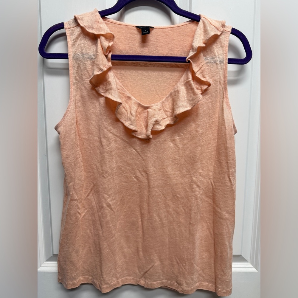 Ann Taylor Apricot Ruffle V-Neck 100% Linen Sleeveless Camisole